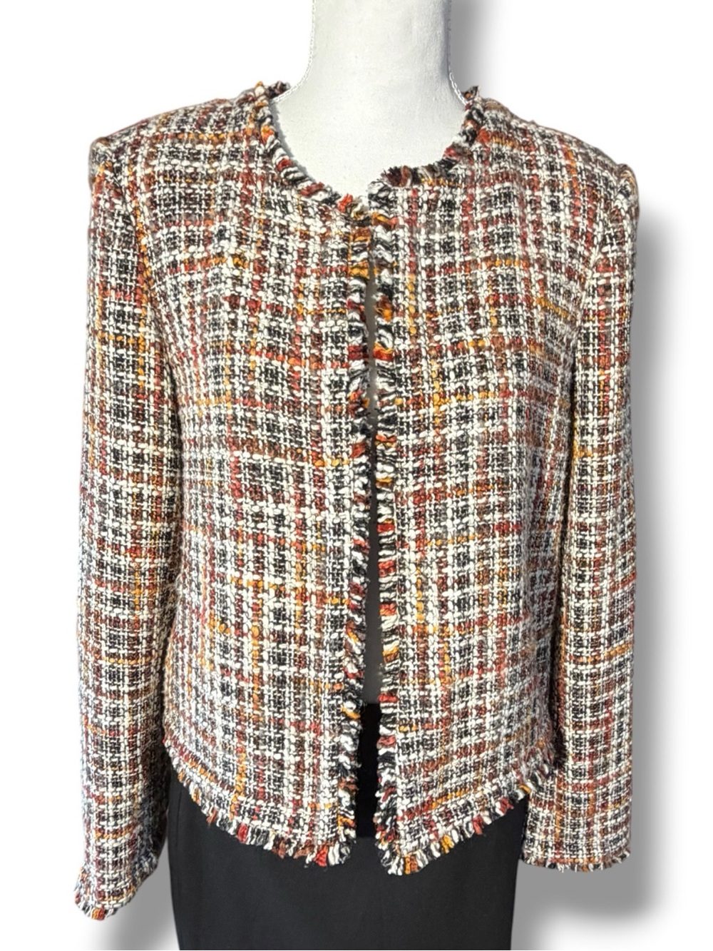 Calvin Klein Multicolor Tweed Fringed Collarless Blazer Size 10